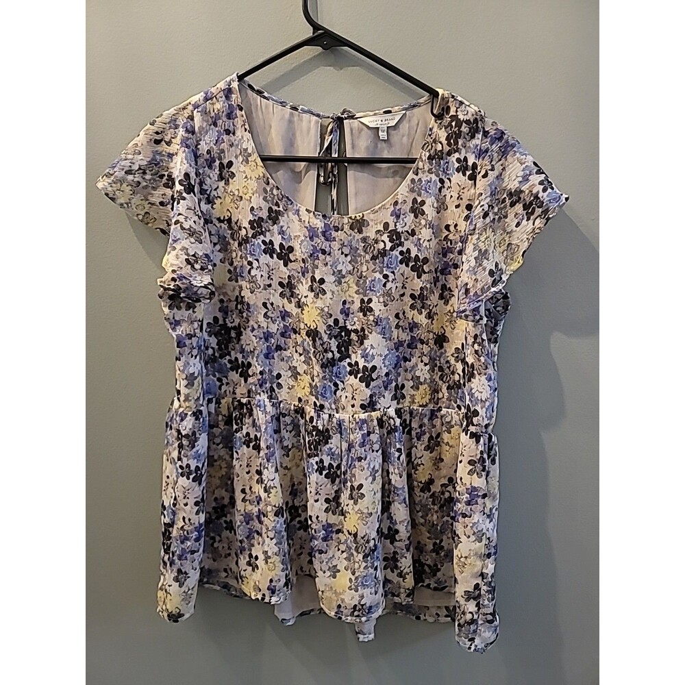 Lucky Brand Women's Floral Print Short Flutter Sleeve Blouse Size Medium Blue